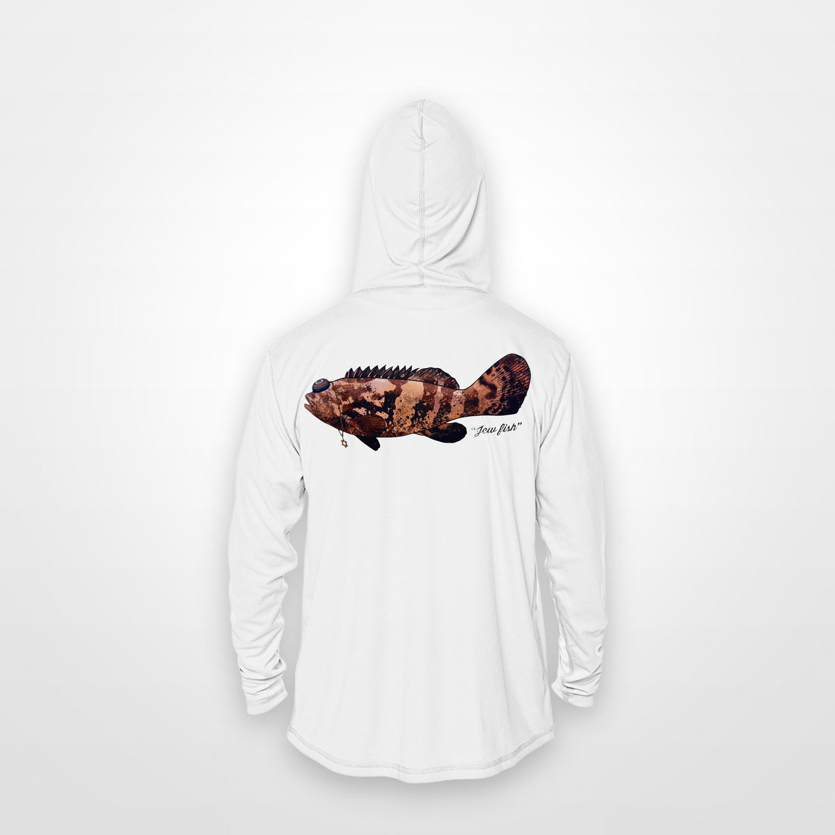 White "Jew fish" Goliath grouper sun hoodie, back view: Goliath grouper in a kippah and Star of David chain, printed 12 inches wide