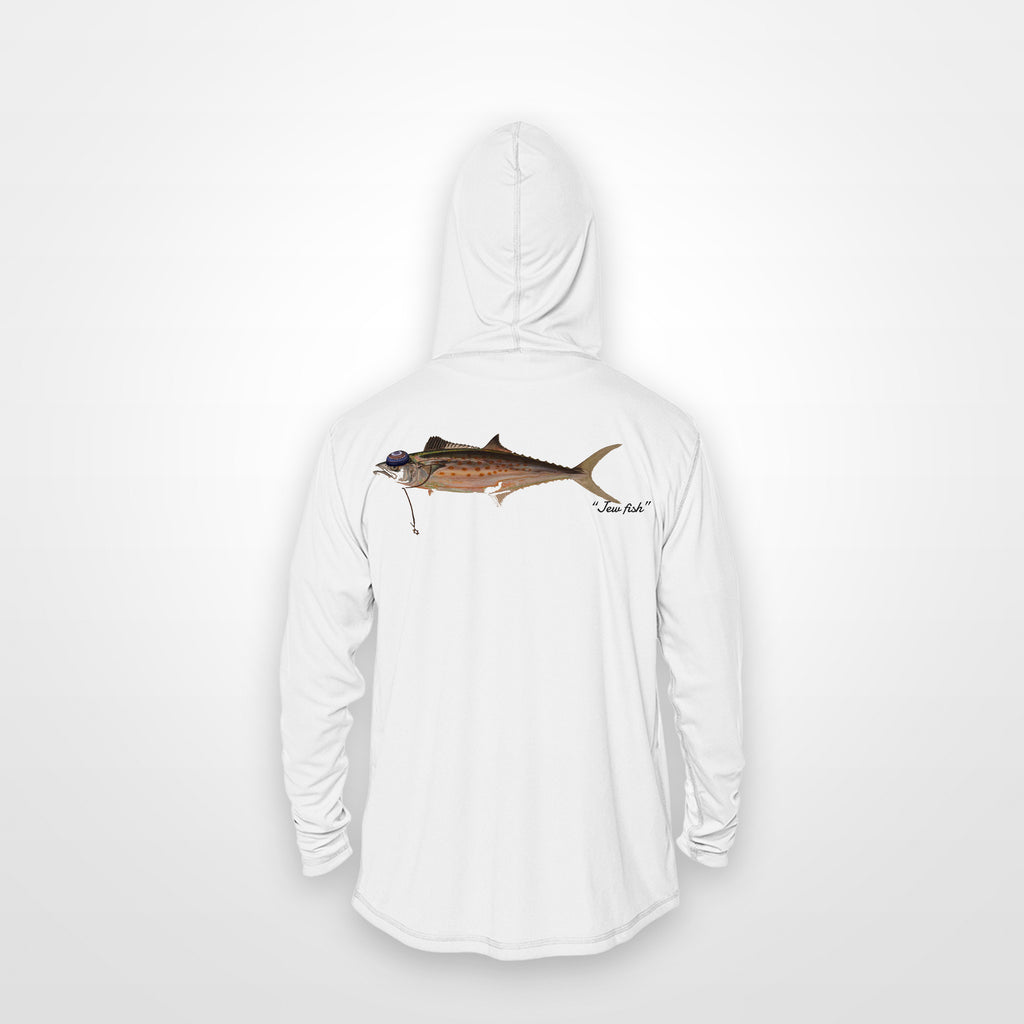 White "Jew fish" Spanish mackerel sun hoodie, back view: Spanish mackerel in a kippah and Star of David chain, printed 12 inches wide