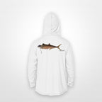 White "Jew fish" Spanish mackerel sun hoodie, back view: Spanish mackerel in a kippah and Star of David chain, printed 12 inches wide