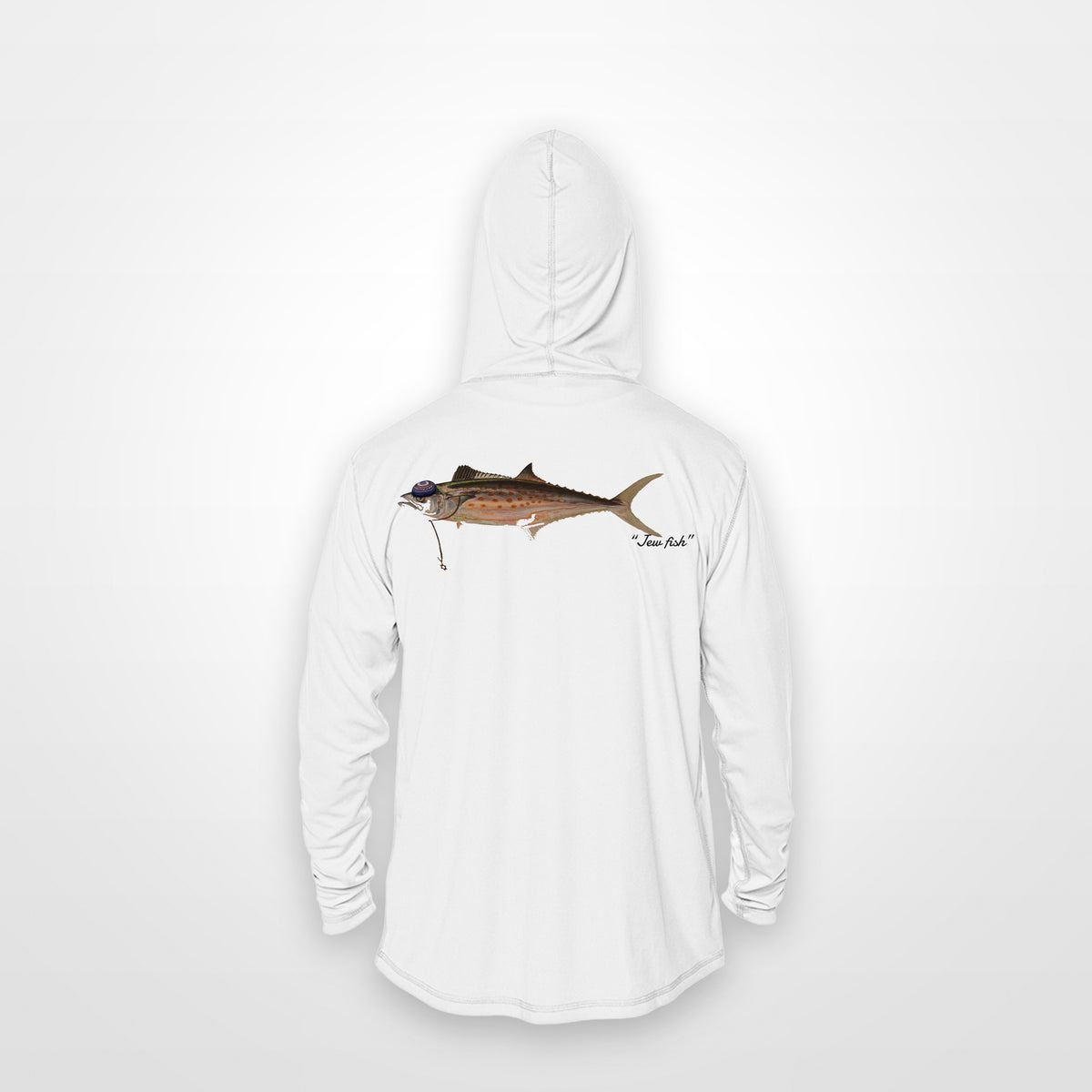 White "Jew fish" Spanish mackerel sun hoodie, back view: Spanish mackerel in a kippah and Star of David chain, printed 12 inches wide