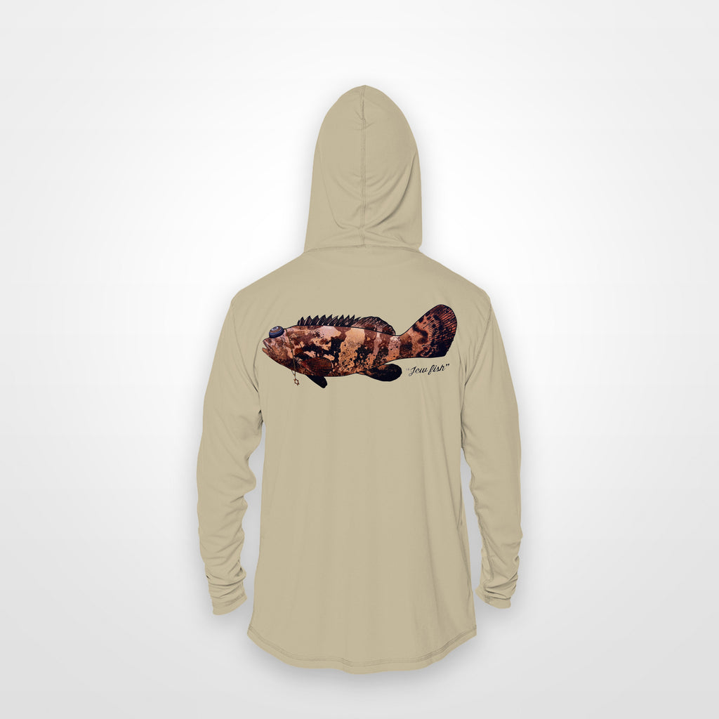 Sand "Jew fish" Goliath grouper sun hoodie, back view: Goliath grouper in a kippah and Star of David chain, printed 12 inches wide