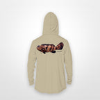 Sand "Jew fish" Goliath grouper sun hoodie, back view: Goliath grouper in a kippah and Star of David chain, printed 12 inches wide