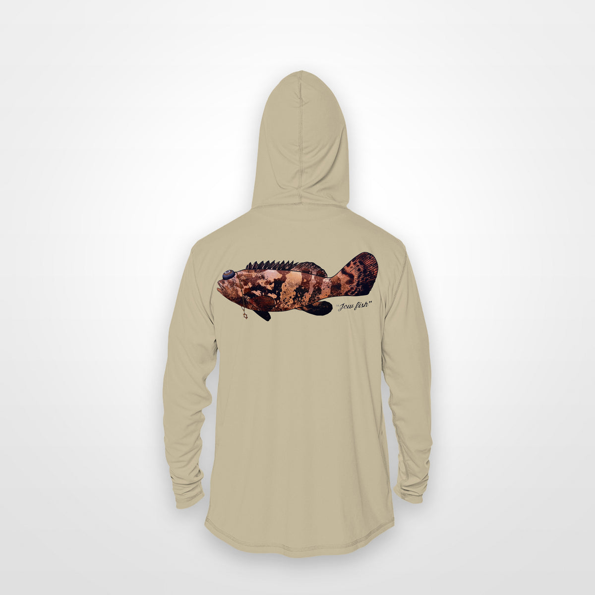 Sand "Jew fish" Goliath grouper sun hoodie, back view: Goliath grouper in a kippah and Star of David chain, printed 12 inches wide