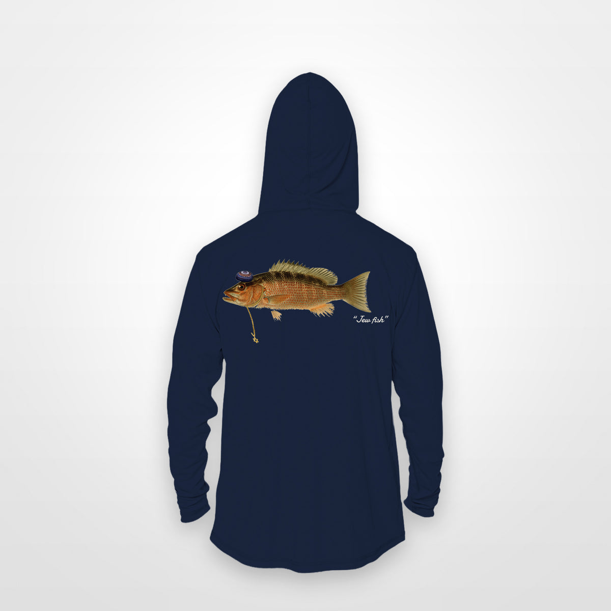 Navy "Jew fish" mangrove snapper sun hoodie, back view: mangrove snapper in a kippah and Star of David chain, printed 12 inches wide