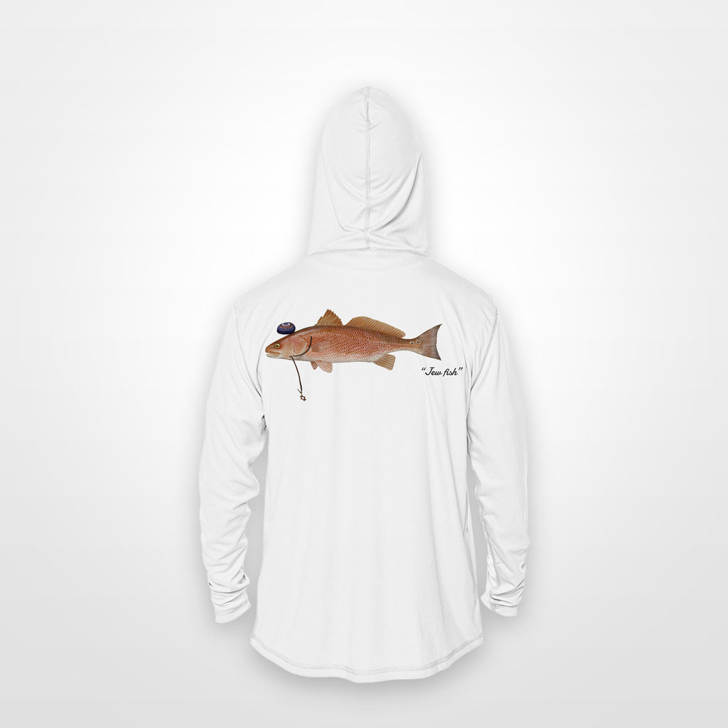 White "Jew fish" redfish sun hoodie, back view: redfish in a kippah and Star of David chain, printed 12 inches wide