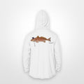 White "Jew fish" redfish sun hoodie, back view: redfish in a kippah and Star of David chain, printed 12 inches wide