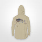 Sand "Jew fish" sheepshead sun hoodie, back view: sheepshead in a kippah and Star of David chain, printed 12 inches wide