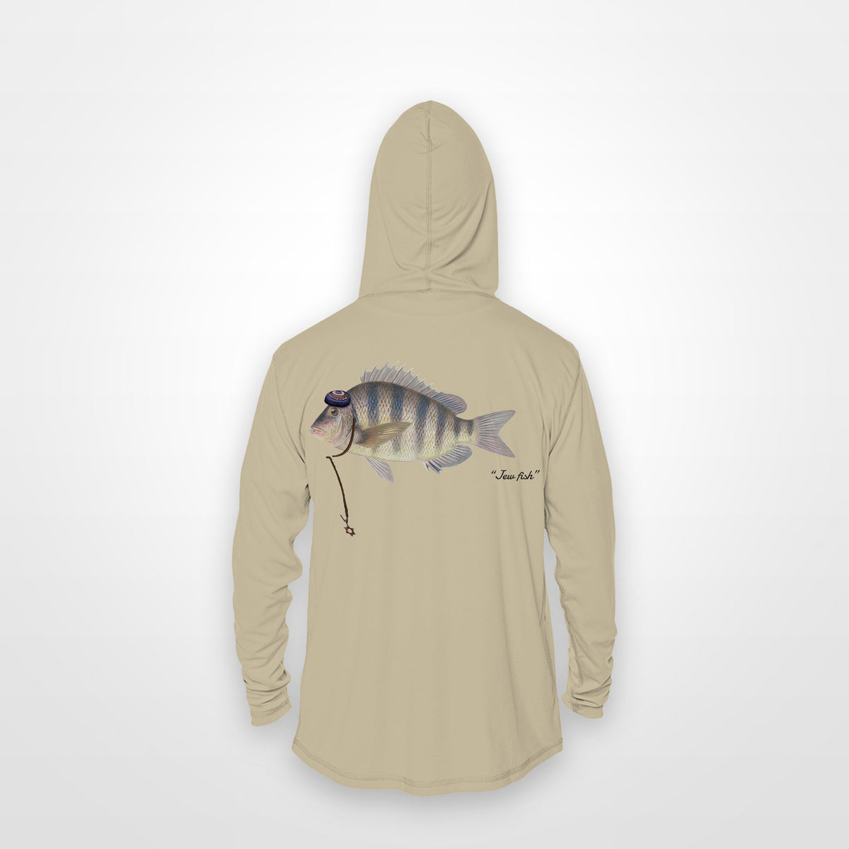 Sand "Jew fish" sheepshead sun hoodie, back view: sheepshead in a kippah and Star of David chain, printed 12 inches wide