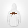 White "Jew fish" red grouper sun hoodie, back view: red grouper in a kippah and Star of David chain, printed 12 inches wide
