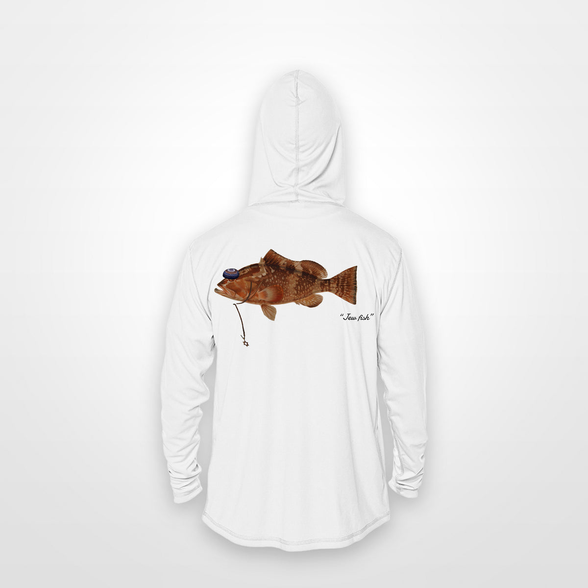 White "Jew fish" red grouper sun hoodie, back view: red grouper in a kippah and Star of David chain, printed 12 inches wide