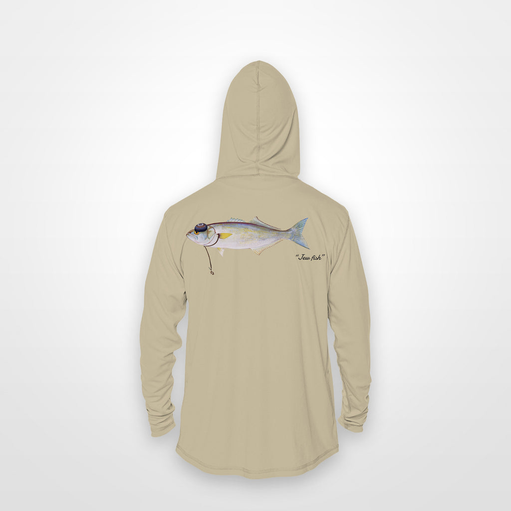 Sand "Jew fish" bluefish sun hoodie, back view: bluefish in a kippah and Star of David chain, printed 12 inches wide