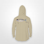 Sand "Jew fish" bluefish sun hoodie, back view: bluefish in a kippah and Star of David chain, printed 12 inches wide