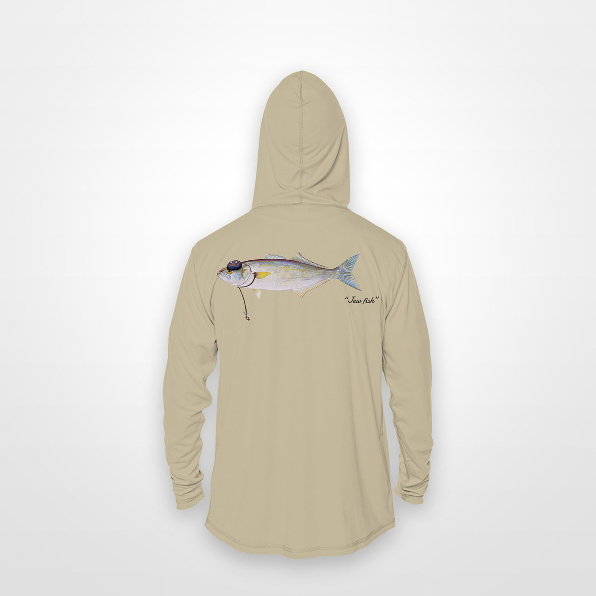 Sand "Jew fish" bluefish sun hoodie, back view: bluefish in a kippah and Star of David chain, printed 12 inches wide