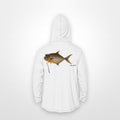 White "Jew fish" pompano sun hoodie, back view: pompano in a kippah and Star of David chain, printed 12 inches wide