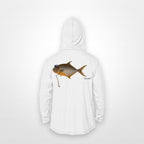 White "Jew fish" pompano sun hoodie, back view: pompano in a kippah and Star of David chain, printed 12 inches wide