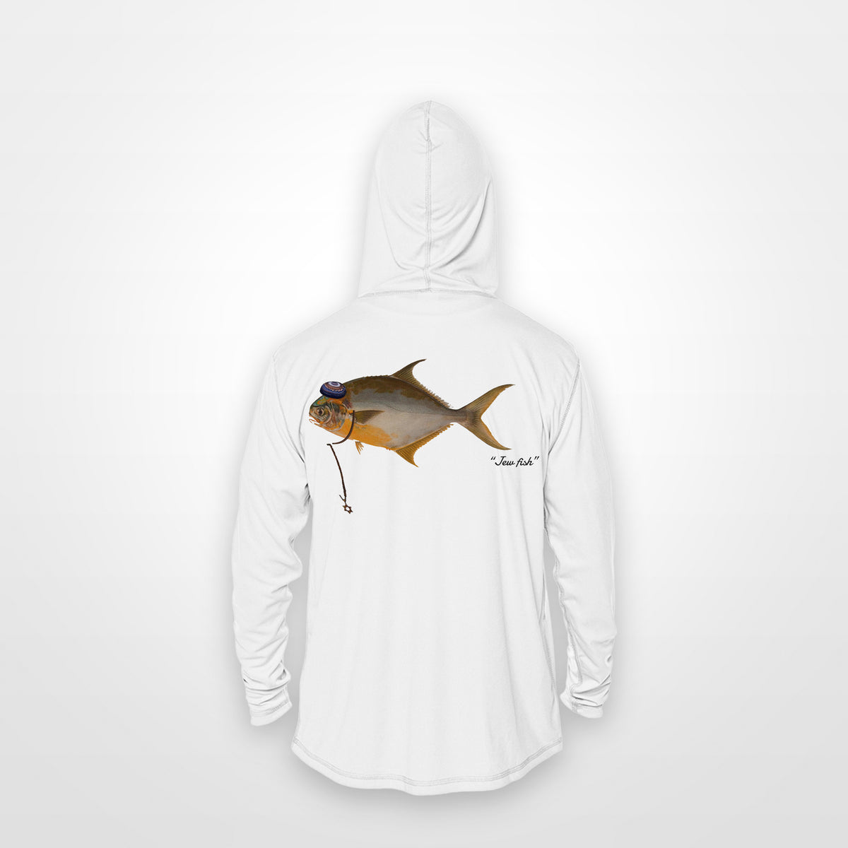 White "Jew fish" pompano sun hoodie, back view: pompano in a kippah and Star of David chain, printed 12 inches wide