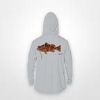 Light Grey "Jew fish" red grouper sun hoodie, back view: red grouper in a kippah and Star of David chain, printed 12 inches wide
