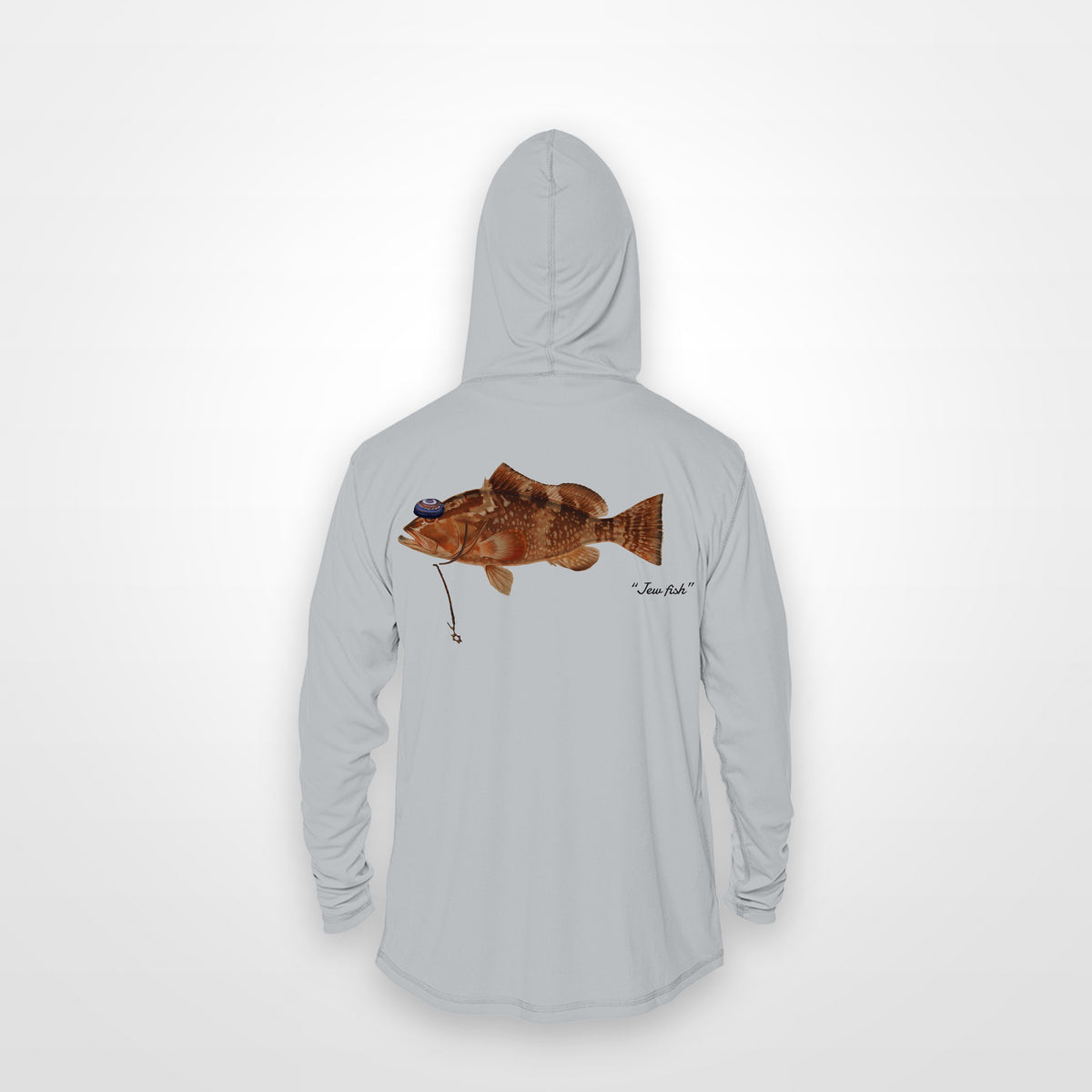 Light Grey "Jew fish" red grouper sun hoodie, back view: red grouper in a kippah and Star of David chain, printed 12 inches wide