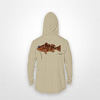 Sand "Jew fish" red grouper sun hoodie, back view: red grouper in a kippah and Star of David chain, printed 12 inches wide
