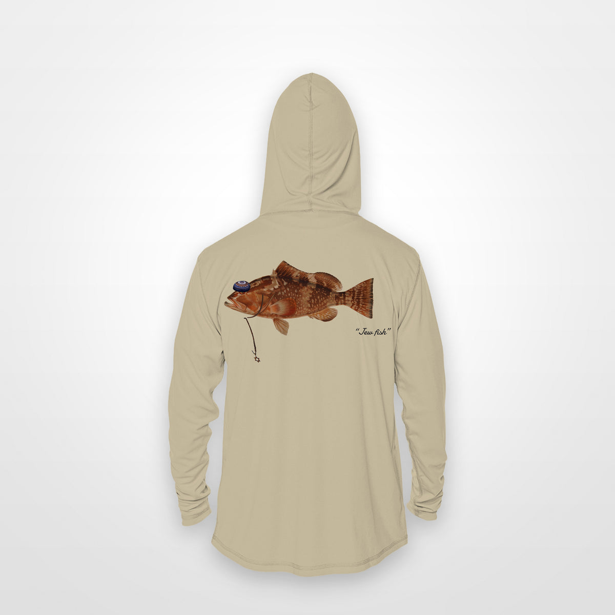 Sand "Jew fish" red grouper sun hoodie, back view: red grouper in a kippah and Star of David chain, printed 12 inches wide