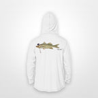 White "Jew fish" snook sun hoodie, back view: snook in a kippah and Star of David chain, printed 12 inches wide