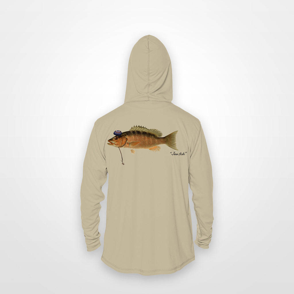 Sand "Jew fish" mangrove snapper sun hoodie, back view: mangrove snapper in a kippah and Star of David chain, printed 12 inches wide