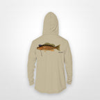 Sand "Jew fish" mangrove snapper sun hoodie, back view: mangrove snapper in a kippah and Star of David chain, printed 12 inches wide