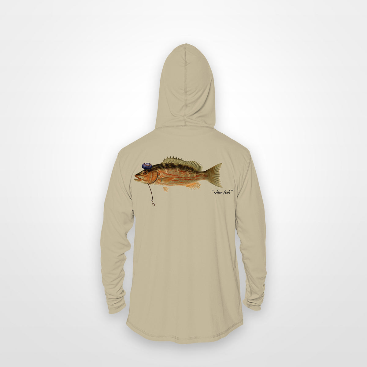 Sand "Jew fish" mangrove snapper sun hoodie, back view: mangrove snapper in a kippah and Star of David chain, printed 12 inches wide