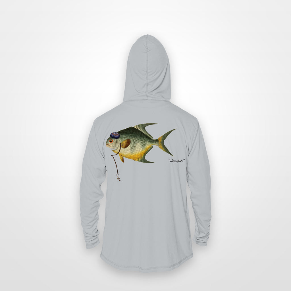 Light Grey "Jew fish" permit sun hoodie, back view: permit in a kippah and Star of David chain, printed 12 inches wide