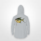 Light Grey "Jew fish" permit sun hoodie, back view: permit in a kippah and Star of David chain, printed 12 inches wide