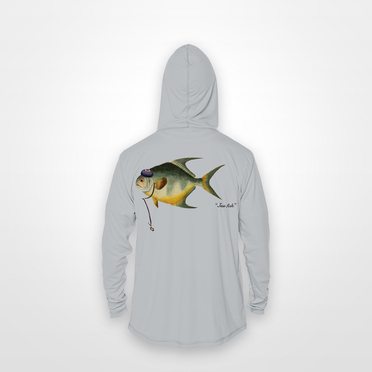 Light Grey "Jew fish" permit sun hoodie, back view: permit in a kippah and Star of David chain, printed 12 inches wide