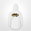 White "Jew fish" tripletail sun hoodie, back view: tripletail in a kippah and Star of David chain, printed 12 inches wide