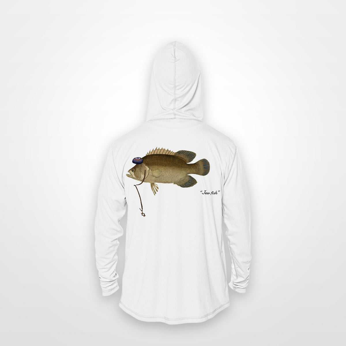 White "Jew fish" tripletail sun hoodie, back view: tripletail in a kippah and Star of David chain, printed 12 inches wide