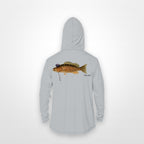 Light Grey "Jew fish" mangrove snapper sun hoodie, back view: mangrove snapper in a kippah and Star of David chain, printed 12 inches wide