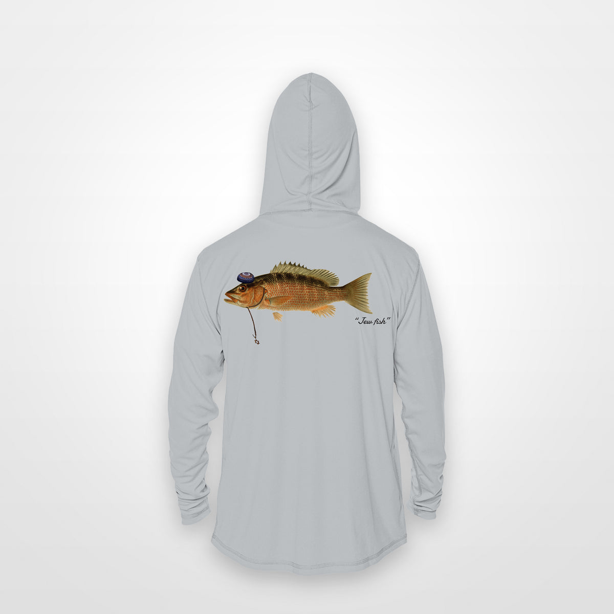 Light Grey "Jew fish" mangrove snapper sun hoodie, back view: mangrove snapper in a kippah and Star of David chain, printed 12 inches wide