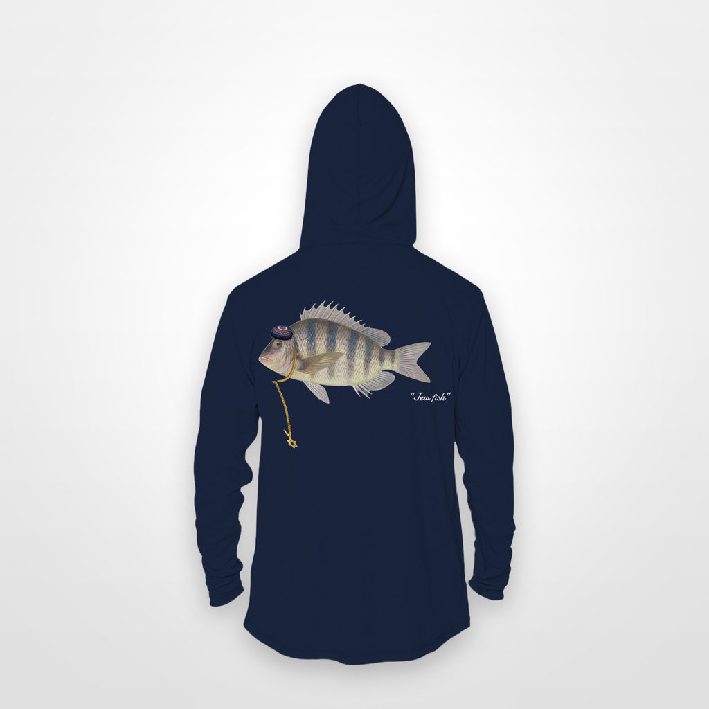 Navy "Jew fish" sheepshead sun hoodie, back view: sheepshead in a kippah and Star of David chain, printed 12 inches wide