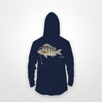 Navy "Jew fish" sheepshead sun hoodie, back view: sheepshead in a kippah and Star of David chain, printed 12 inches wide