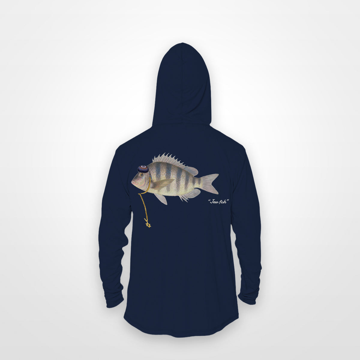 Navy "Jew fish" sheepshead sun hoodie, back view: sheepshead in a kippah and Star of David chain, printed 12 inches wide