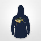 Navy "Jew fish" permit sun hoodie, back view: permit in a kippah and Star of David chain, printed 12 inches wide