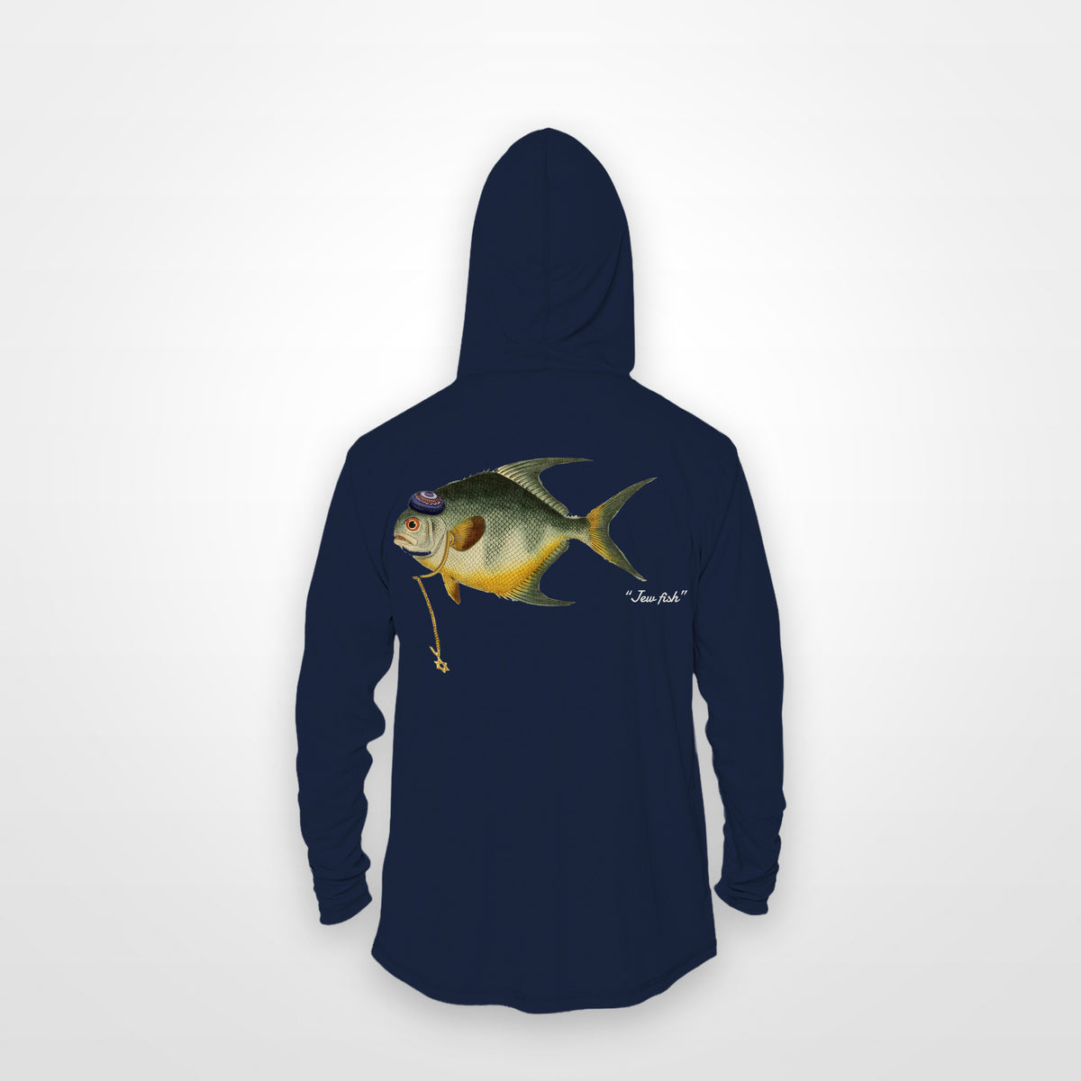 Navy "Jew fish" permit sun hoodie, back view: permit in a kippah and Star of David chain, printed 12 inches wide
