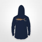 Navy "Jew fish" Spanish mackerel sun hoodie, back view: Spanish mackerel in a kippah and Star of David chain, printed 12 inches wide