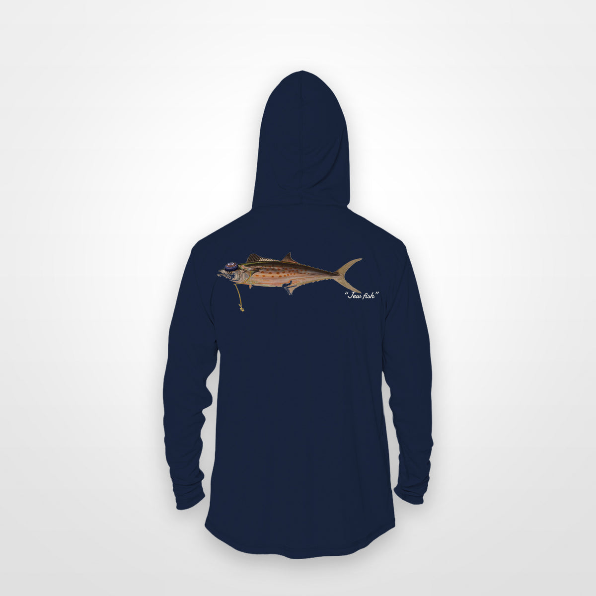 Navy "Jew fish" Spanish mackerel sun hoodie, back view: Spanish mackerel in a kippah and Star of David chain, printed 12 inches wide