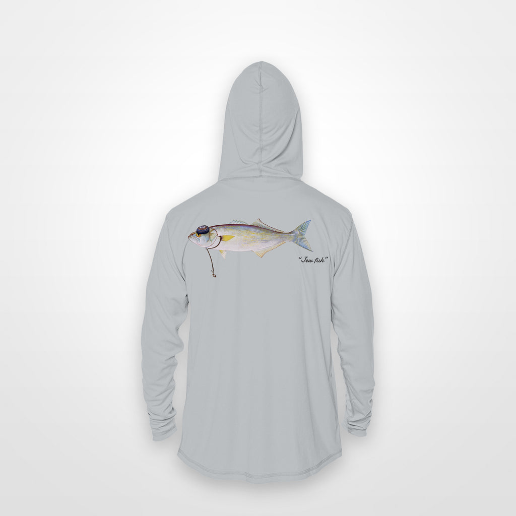 Light Grey "Jew fish" bluefish sun hoodie, back view: bluefish in a kippah and Star of David chain, printed 12 inches wide