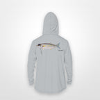 Light Grey "Jew fish" bluefish sun hoodie, back view: bluefish in a kippah and Star of David chain, printed 12 inches wide