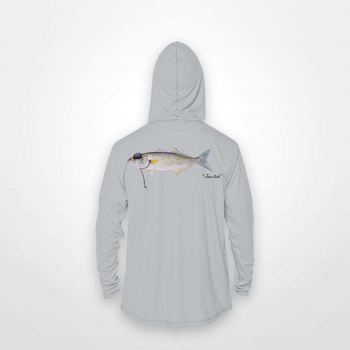 Light Grey "Jew fish" bluefish sun hoodie, back view: bluefish in a kippah and Star of David chain, printed 12 inches wide