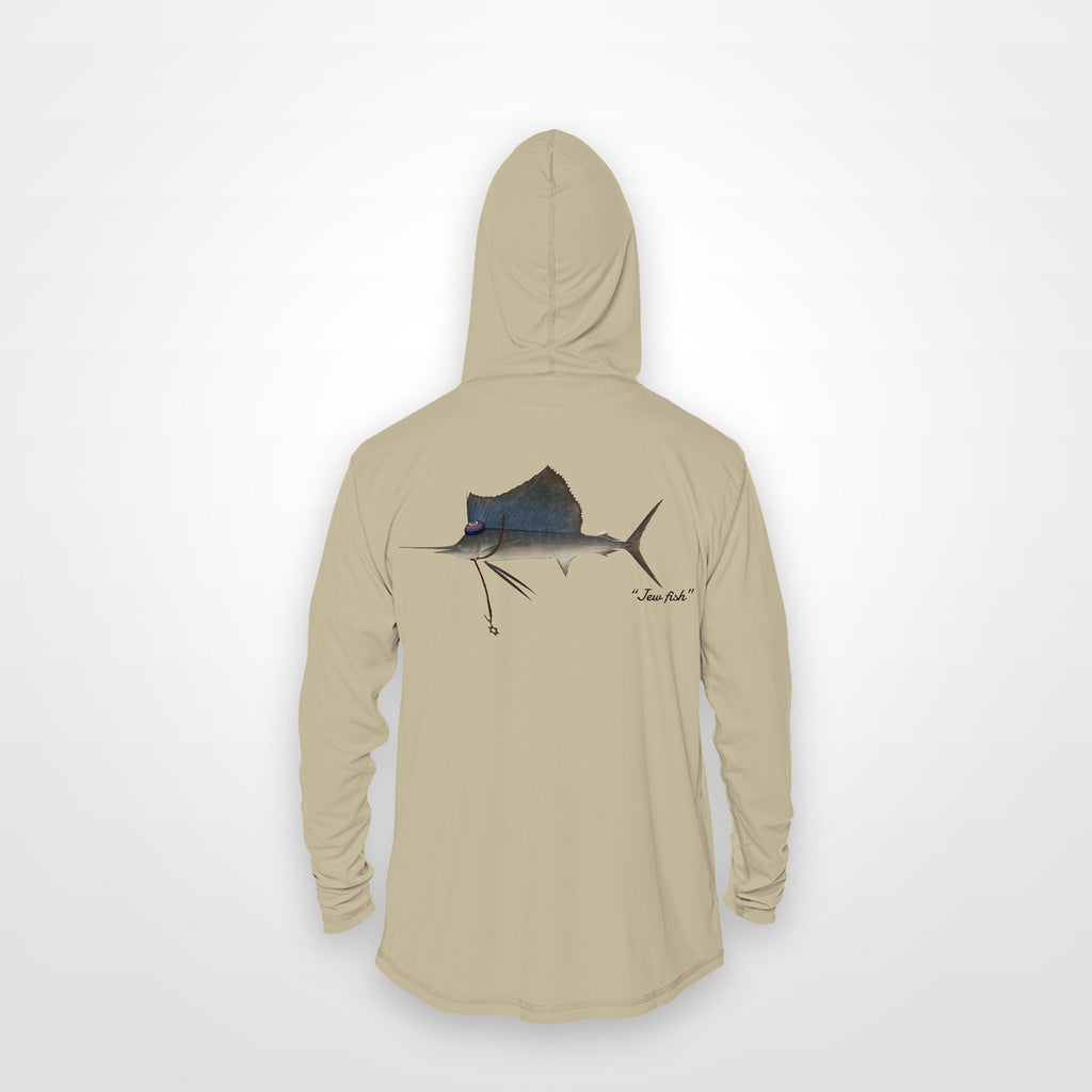Sand "Jew fish" sailfish sun hoodie, back view: sailfish in a kippah and Star of David chain, printed 12 inches wide