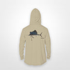 Sand "Jew fish" sailfish sun hoodie, back view: sailfish in a kippah and Star of David chain, printed 12 inches wide