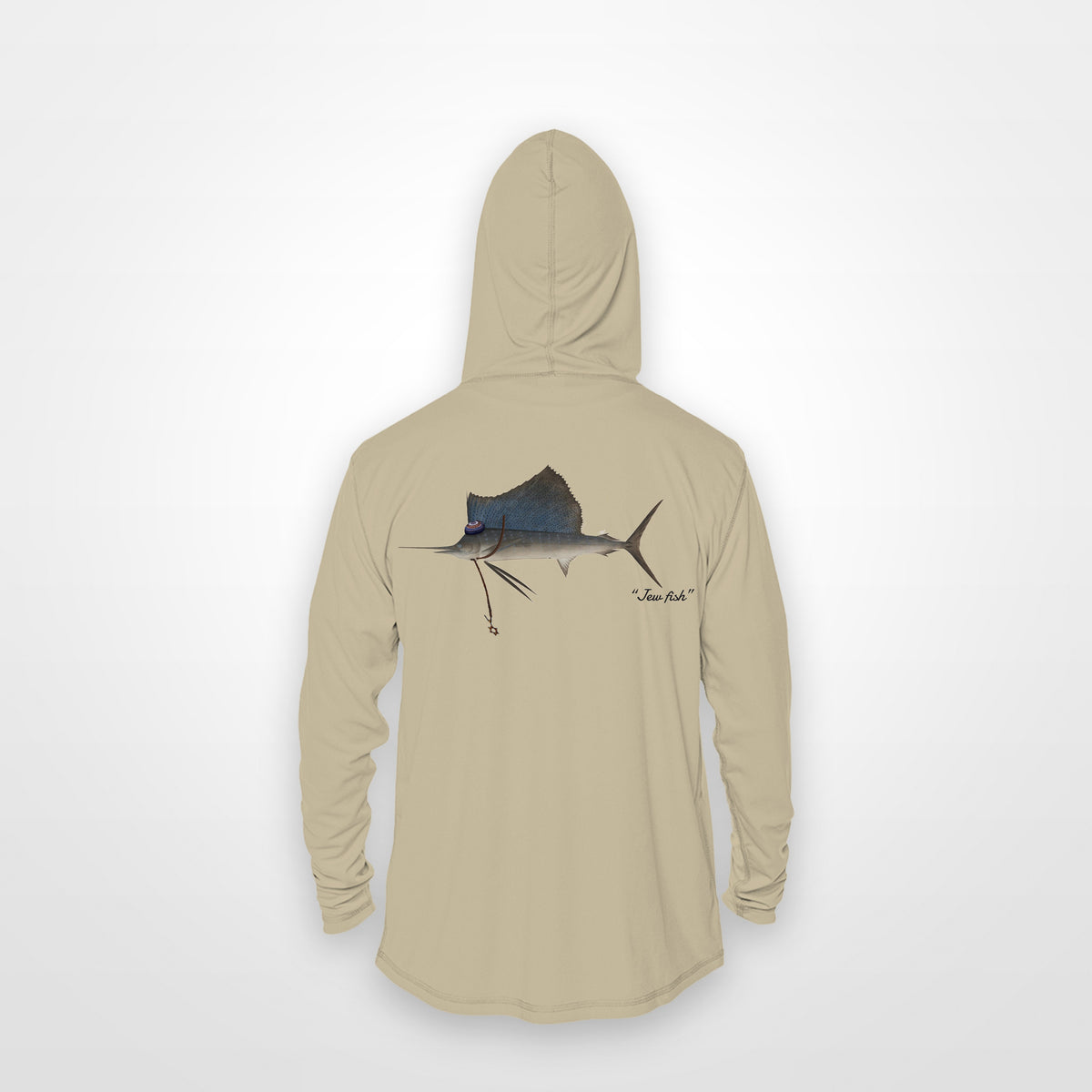 Sand "Jew fish" sailfish sun hoodie, back view: sailfish in a kippah and Star of David chain, printed 12 inches wide