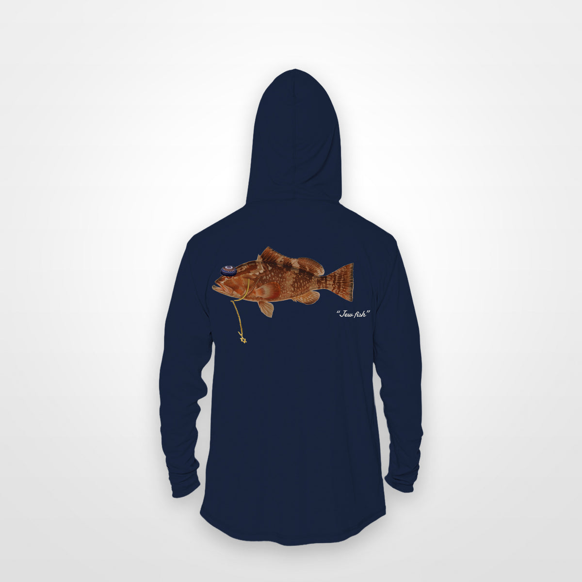 Navy "Jew fish" red grouper sun hoodie, back view: red grouper in a kippah and Star of David chain, printed 12 inches wide