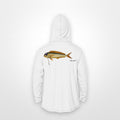 White "Jew fish" mahi sun hoodie, back view: mahi in a kippah and Star of David chain, printed 12 inches wide